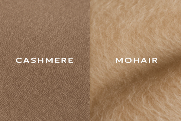 نمای نزدیک از بافت پارچه کشمیر و موهر؛ مقایسه بافت لطیف کشمیر با پرزهای براق موهر