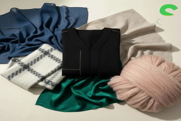 پارچههای مناسب برا دوخت عبا شامل کشمیر، کرپ، لینن، ابریشم و موهر همراه با عبا مشکی تاشده