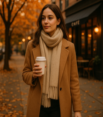 زن با پالتو و شال از جنس کشمیر و موهر در خیابان پاییزی، نمادی از مد گرم و لوکس روزانه